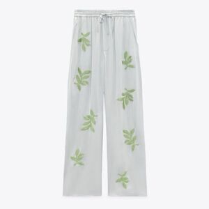 ZARA Women's High Waist Satin Embellished Leaf Pants in Sky Blue Size Medium